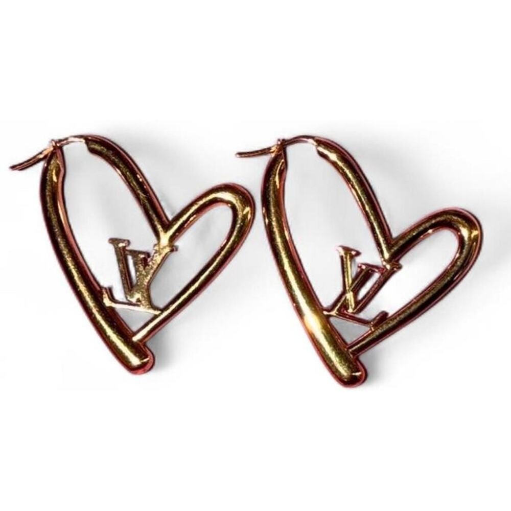 Louis Vuitton "Fall in Love" Brass Gold Heart LV Hoop Earrings Kawaii Romantic - Picture 4 of 5